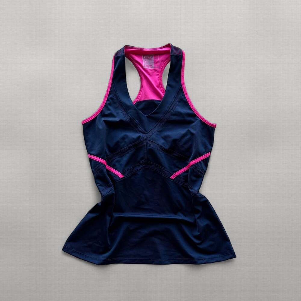Y2K Lucky in Love Tennis Tank Top Womens XS Navy Pink Racerback Athletic Mesh
